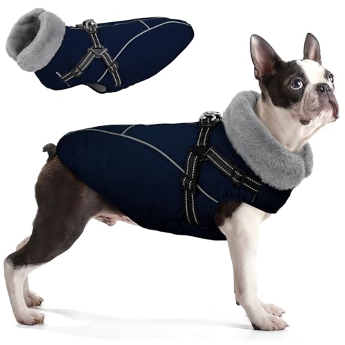 Queenmore Dog Jackets for Large Dogs,Dog Coat with Harness Built in,Waterproof Dogs Coats with Zipper On Back,Warm Fleece Lining Cold Weather Pet Coats with Furry Collar for Labrador,NavyBlue,XL - color: Navy Blue, size: X-Large