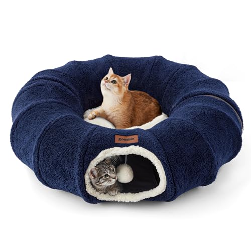 ZOMISA Cat Tunnel Bed for Indoor Cats, Cute Cat Donut Toy Tunnel for Small Large Cats with Washable Circle Cushion, Peekaboo Pet Cave Play Tunnel for Kitten, Puppy, Navy Blue - color: Navy Blue, size: Standard