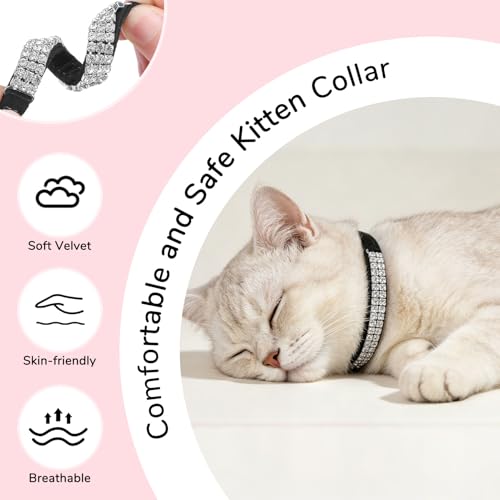 BINGPET Diamond Cat Collar with Bell, Adjustable Soft Velvet Bling Rhinestone Cat Collar, Sparkly Kitten Collar with Safety Elastic & Metal Buckle for Small Medium Cats - color: Black(Rhinestones), size: Neck Girth 8"-10"