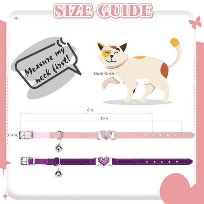 BINGPET 2 Pack Diamond Cat Collar with Bells and Safety Belt, Adjustable Soft Velvet Kitten Collar with Bling Heart Jewelry, Cute Purple & Pink Cat Collars for Girls & Boys(Neck Girth 8"-10") - color: Pink & Purple(Heart), size: Neck Girth 8"-10"