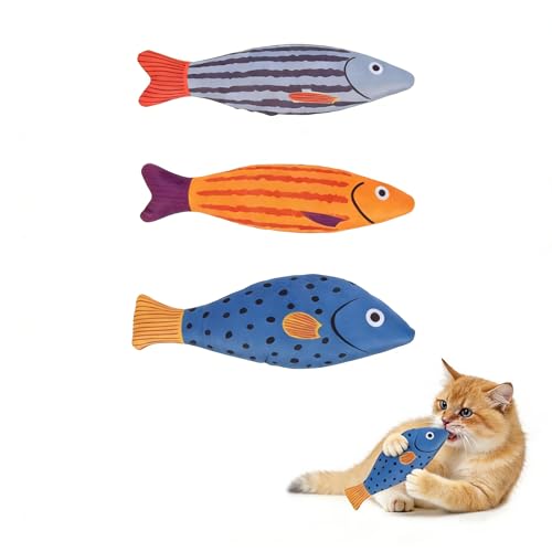 3 Pack Catnip Toys,Interactive Cat Kitten Teething Chew Kicker Toys Natural Catnip Cotton Fish Shape Toys for Bored,Exercise,Anxiety Relief - color: Blue,Orange,Grey