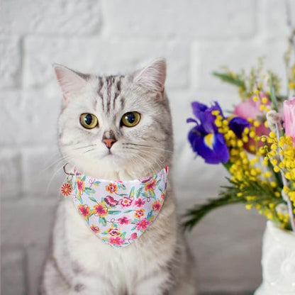 SCENEREAL Spring Cat Collar Breakaway with Bells, 2 Pack Cute Flower Pet Collar with Removable Bow Tie and Bandana, Adjustable Safety Buckle with Daisy Pendants for Girl Cats Kitten - color: Bandanas & Bow (Floral-White)
