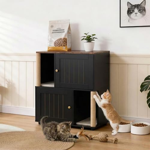 Garvee Cat Litter Box Enclosure for 2 Cats, Double Hidden Litter Box Furniture Cabinet with 2 Scratch Mat and Scratch Post, Modern Farmhouse Wooden Enclosed Cat Washroom, End Side Table