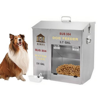 Xinyi Stainless Steel Dog Feeder and Waterer 2-in-1, Gravity Dog Feeder, Aluminum Alloy Water Cup, Automatic Feeder Waterpoof and Sturdy, Transparent Acrylic Observation Window, 3.7 Gallon
