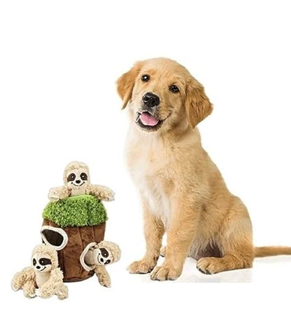 Glow Pups Hide and Seek Dog Toy, Interactive Burrow Dog Toy with Squeaker, Plush Sloth in Tree Trunk, Promotes Mental Stimulation, Easy to Clean, Small 8 x 5.5 inches, Brown (Small Sloth Tree) - size: Small