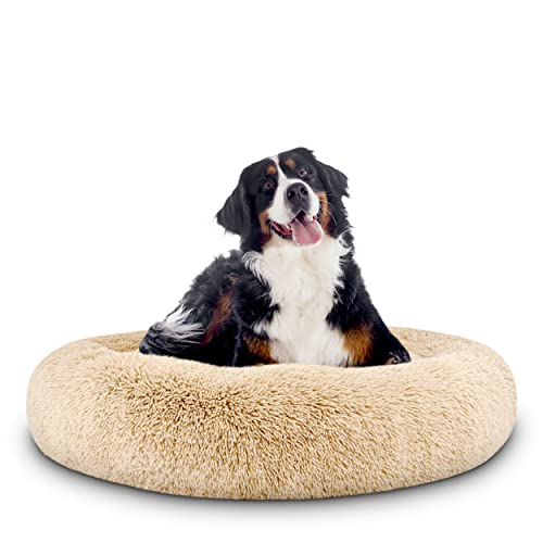 The Dog’s Bed Calming Donut Dog Bed, Plush Faux Fur Round Cuddler Nest – CertiPUR-Certified Foam, Removable Washable Zip Cover – XL (45"), Beige - color: Beige Fur, size: XL (45")