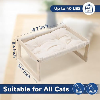 Cat Bed with Removable Washable Cushion, 9.5" Elevated Wooden Cat Hammock Bed, 360° Visibility Dog/Cat Cot with Cozy Winter Pads for Kitty, Puppy, Rabbit and All Pets - color: Cream Color (Thick)