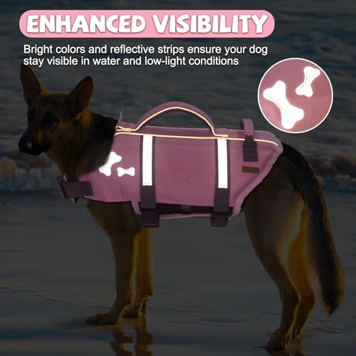EMUST Dog Life Vests, Adjustable XS Dog Life Jacket with Rescue Handle, Puppy Flotation Vest for Small/Medium/Large Dogs, SakuraPink, XS - color: Sakura Pink, size: XS