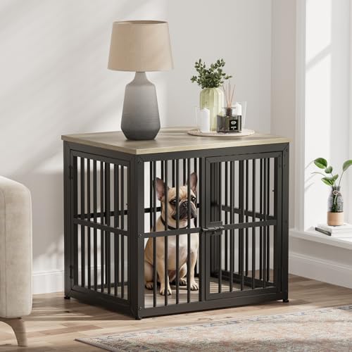 Lyromix 27'' Dog Crate Furniture with 3 Doors,Wooden Crate End Table Heavy Duty Indoor Puppy Cage for Small Dogs, Multiple Units Can be Combined, Grey - color: Ancient gray, size: 26.9"L x 20.9"W x 24.0"H