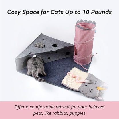 Cat Tunnel for Indoor Cats Peekaboo, 2-in-1 Interactive Cat Enrichment with Ball Toys, Large Felt Mat, Scratch Resistant Cats Activity Play Mats for Multiple Kittens, Dogs【Pink】
