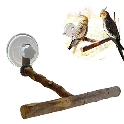 Portable Bird Perch Stand- T-Shaped Natural Apple Wood with Vacuum-Grip Suction Cup for Windows, Flat Tiles, Bath/Car/Travel - Durable & Safe for Parrots, Cockatiels, Lovebirds (Small to Medium Birds)