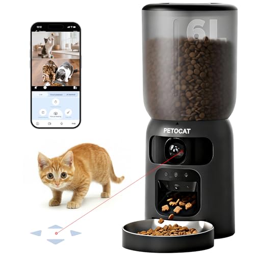 PETOCAT AI Automatic Cat Feeder with 2K HD Dual Cameras,5G&2.4G Wi-Fi 6L Cat Food Dispenser with Cats Recognition& Diet Tracking, Laser Interactive Toy & Two-Way Audio