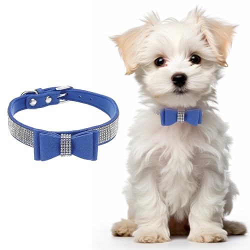 Cute Dog Collar with Bling Rhinestone, Bling Dog Collar Adjustable Leather Diamond Sparkling Jewel Accessories 17", (Dark Blue), Intended for Teacup/Cat/Small Medium Large Pet - color: Dark Blue, size: 17 Inch