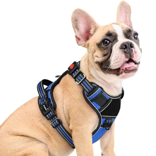 Dog Harness Medium Sized, Easy Wearing with 3 Buckles, Adjustable No Pull Pet Harness with 2 Rings for Walking, No Chock Reflective Soft Padded Vest with Control Handle, Blue & Black, M - color: Blue & Black, size: Medium