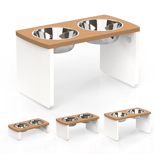 Elevated Dog Bowls, Waterproof Raised Dog Bowl for Medium & Large Dogs, HIPS Poly Lumber Stand with 2 Stainless Steel Bowls, Indoor & Outdoor Use (13'' Tall–68 oz Bowl, Teak - White) - color: Teak - White, size: X Large: 13'' Tall-68oz Bowl