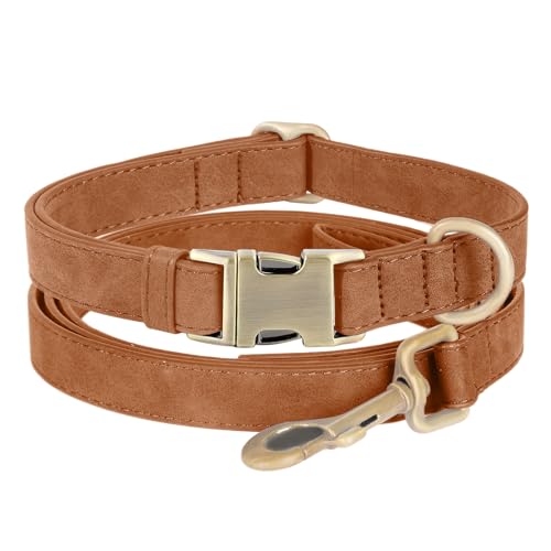 Genuine Leather Dog Collar - Adjustable Pet Collar with Quick Release Metal Buckle, Soft Skin Friendly Real Leather Collar for Small, Medium, Large Dogs (Khaki Collar + Rope, S：Fit 8-16" Neck) - color: Khaki Collar + Rope, size: S：Fit 8-16" Neck
