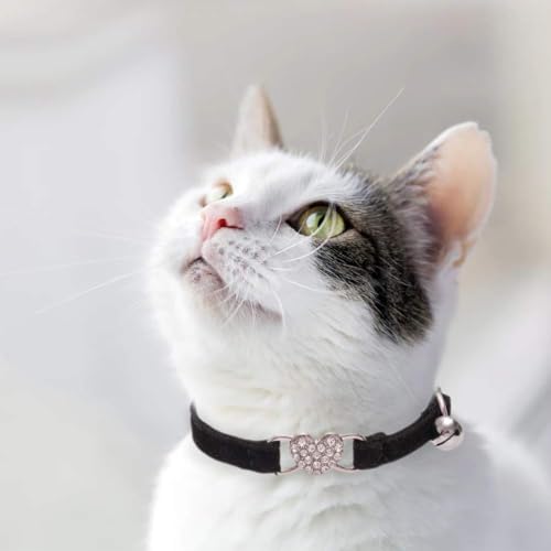 BINGPET Cat Collar Breakaway with Bell, Pack of 2 Heart Bling Collar Safety with Soft Velvet Adjustable for Kittens - color: Heart (Pink + Black)-2pcs
