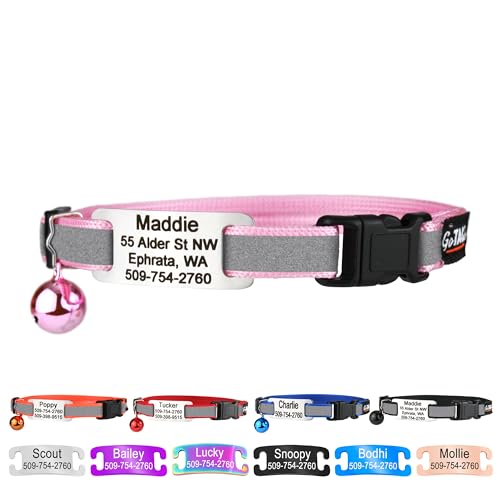 GoTags Personalized Reflective Cat Collars with Tag, Engraved Custom with Name and Phone, Breakaway Collar with Safety Buckle and Bell, Adjustable for Cats and Kitten, (Pink with Nameplate) - color: Pink, size: One-Size (Reflective)