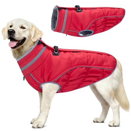 Dog Coat, Reflective Dog Jacket Waterproof Windproof Puppy Cold Weather Coats with Harness Built in, Winter Extra Warm Pet Coat Fleece Vest for Small Large Pets and Puppy (Red, Large) - color: Red, size: Large
