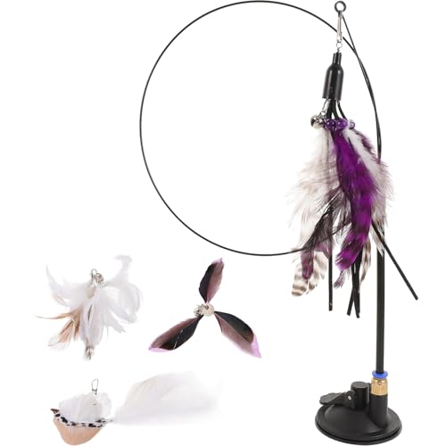 Plume-Like Teasing Cat Wand with Bell, 4pcs Replacement Heads, Strong Suction Base, Indoor Interactive Teaser for Cats and Kittens