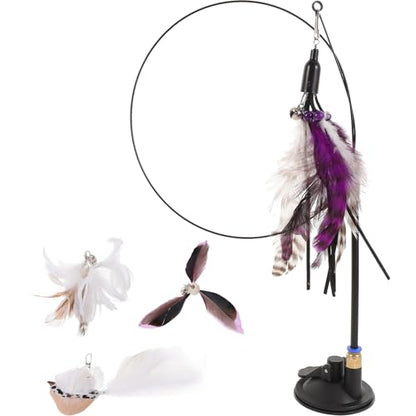 Plume-Like Teasing Cat Wand with Bell, 4pcs Replacement Heads, Strong Suction Base, Indoor Interactive Teaser for Cats and Kittens