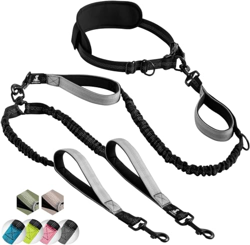 SparklyPets Hands Free Double Dog Leash – Dual Leash for Medium and Large Breeds – Lead for 2 Dogs with Padded Handles, Reflective Stitches, No Pull, Tangle Free - color: Gray, size: 2 dogs M/L