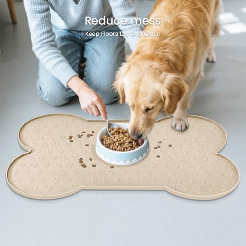 PWTAA Dog Food Mat Anti-Slip Silicone Dog Bowl Mat Thicker Pet Placemat Waterproof Cat Feeder Pad with Raised Edge Puppy Kitten Feeding Mats Suitable Small Medium-Sized Dogs Cats Eating Tray - color: Beige, size: 25.6" x 13"