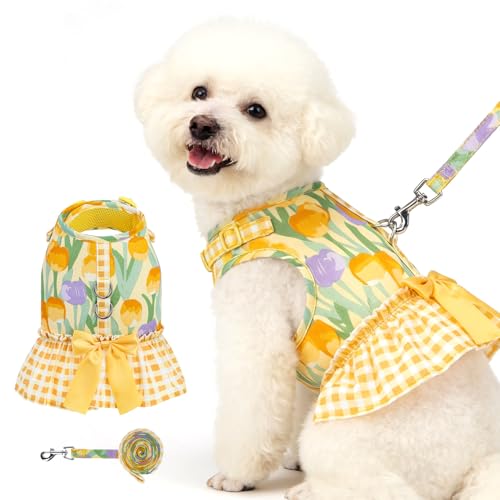 EXPAWLORER Dog Harness Small Medium Sized Dogs, Tulip Dog Dress Bowknot Harness and Leash Set, No Choke No Pull Soft Mesh Vest Cute Princess Puppy Outfits Clothes Costume for Girls Party Cats Yellow S - color: Tulip Yellow, size: Small(Chest Girth 12" - 1