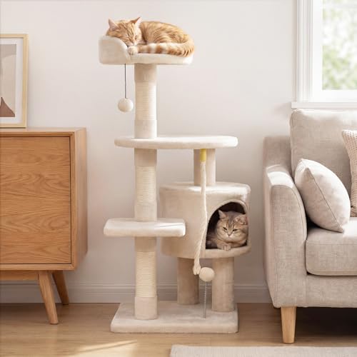 PETSITE 36-inch Multi-Level Cat Tree, with Sisal Scratching Posts, Comfy Top Perch, Cozy Condo, Playful Sisal Rope and Spring Ball, and Dangling Ball, Ideal for Indoor Cats and Kittens (Beige) - color: Beige