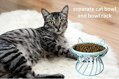Raised Cat Food Bowl - Elevated Feeder Stand with Shallow Ceramic Dish, Whisker-Friendly No-Spill Water Bowl - color: Blue