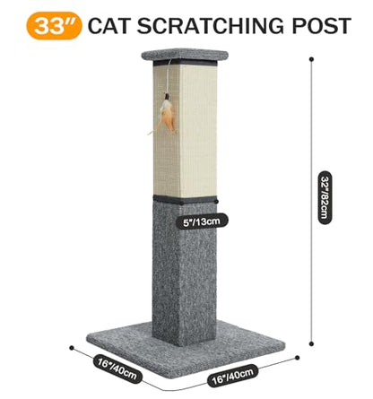 Made4Pets Cat Scratching Post, 32 Inch Natural Sisal & Carpet Covered Cat Scratcher with Kitten Toy, Dual-Material Tall Scratching Post for Indoor Cats Adults and Kittens, Beige - color: Grey-Sisal & Carpet
