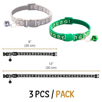 Vila Cat Collar with Bell, Reflective Adjustable Kitten Collar 7.5–12.5 Inches, Breakaway Safety Buckle, Lightweight Nylon Collar for Cats & Small Pets, 3-Pack (Green, Gray, Black)