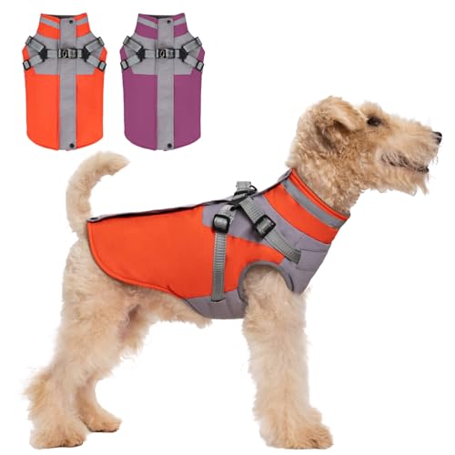 Cozy Dog Jacket, Padded Fleece Dog Vest with Built-in Harness, 100% Waterproof Reflective Snow Pet Coat Clothes with Zipper, Orange, S-XL - color: Orange, size: Small