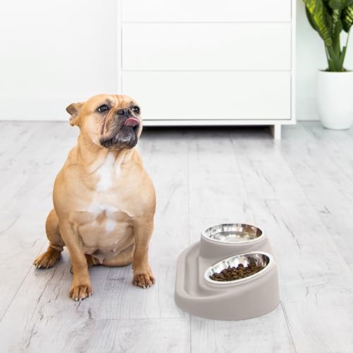 Ubbi Pet Feeding Bowls Set with Non-Slip Mat, Elevated & Flat Stainless Steel Dog or Cat Bowls, Ergonomic 15° Angled Feeder, Dishwasher Safe, Taupe - color: Taupe