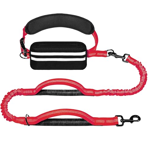 Hands Free Dog Leash with Zipper Pouch, Running Waist Leash for Dog Walking, Adjustable Waist Belt for Large Dogs, Reflective Bungee Design with Two Handle for Hiking, Training, Red - color: Red