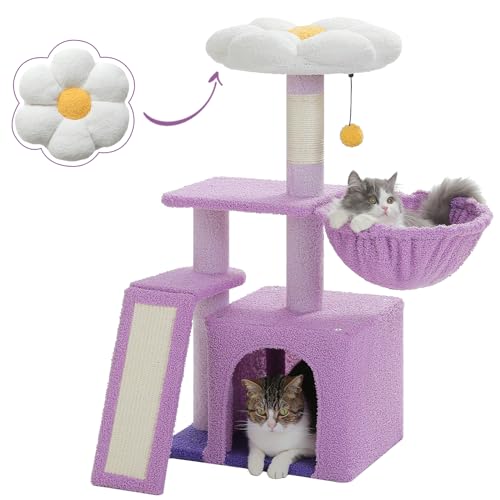 PETEPELA Flower Cat Tree for Indoor Cats, 32'' Small Cat Tower Cat Condo with Sisal Scratching Ramp, Cozy Hammock and Removable Flower Bed Perch for Kittens, Purple - color: Purple, size: Scratching Tree