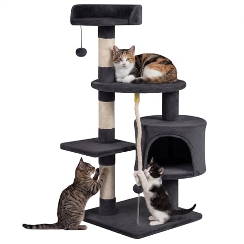 PETSITE 36-inch Multi-Level Cat Tree, with Sisal Scratching Posts, Comfy Top Perch, Cozy Condo, Playful Sisal Rope and Spring Ball, and Dangling Ball, Ideal for Indoor Cats and Kittens (Dark Grey) - color: Dark Grey
