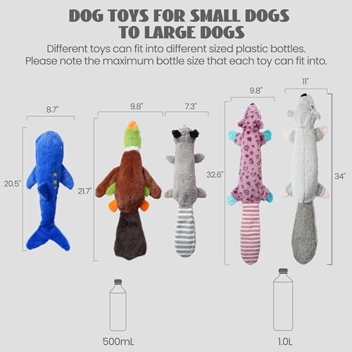 Nocciola 2-in-1 No Stuffing Crinkle Dog Toys with Soft and Durable Fabric, Holds Water Bottles, 2 Extra Long & 3 Regular Size Stuffless Squeaky Dog Toys for Small to Large Dog - style: 2 Extra Long& 3 Regular Size Holds Water Bottles