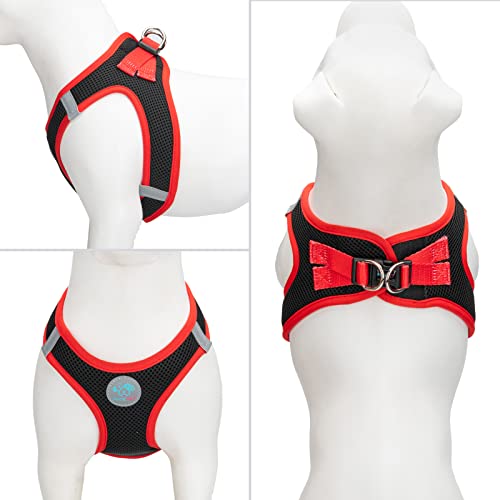 PHOEPET Step-in Dog Harness,Reflective Adjustable Dog Vest Harness, Soft Pet Walking Jacket with 2 Metal Leash Hooks for Dog and Cat(Black Base & Red Straps,M) - color: Black Base & Red Straps, size: M (Neck: 11-12”,Chest: 14.5-16”)
