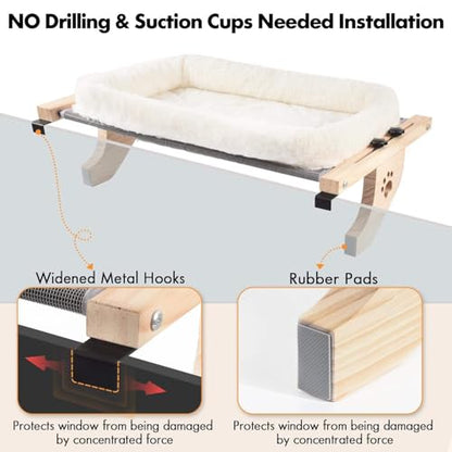 Cat Sill Window Perch Sturdy Hammock Window Seat with Cushion Bed Cover, Wood & Metal Frame for Large Cats, Easy to Adjust Cat Bed for Windowsill, Bedside, Drawer and Cabinet (M)