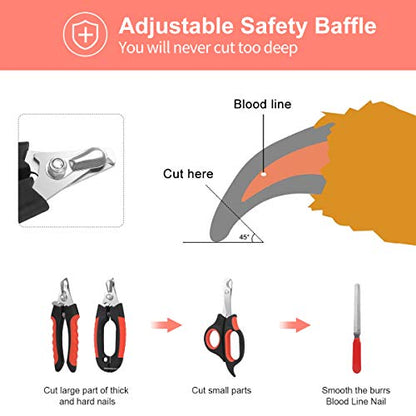 Dog Nail Clippers Trimmer Set, Quick Safety Guard to Avoid Over-Cutting, Stainless Steel Razor Sharp Blades, Sturdy Non-Slip Handles, Storage Case and Nail File, Professional Pet Grooming