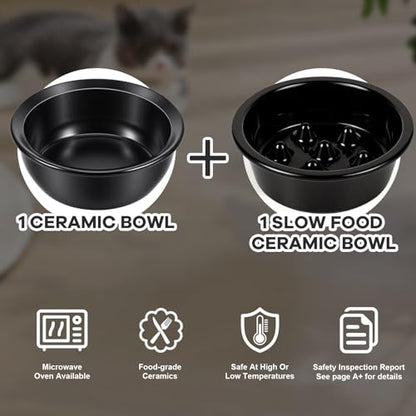 LEAWALK Upgraded Adjustable Height Cat Food Bowls Stand Ceramic Dog Bowls and Slow Feeder Cat Bowl, 15°Tilted Stand Anti Vomiting Raised for Small and Medium Sized Cats Dogs (Black (2 Bowl+Pet mat)) - color: Black ( 2 Bowl+Pet mat)