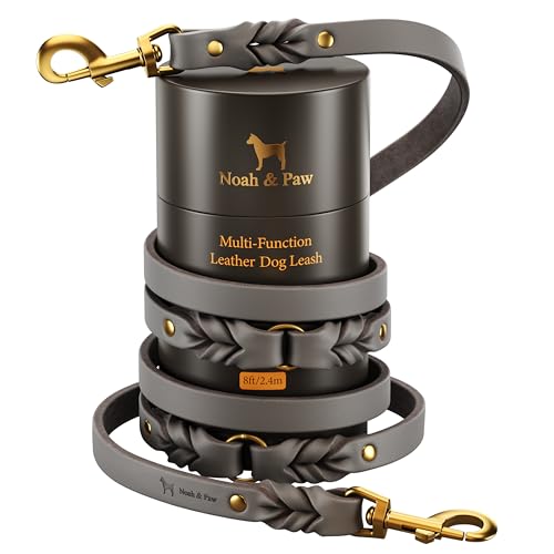 NOAH & PAW Leather Dog Leash, Premium Oil-Waxed Leather Braided, 8 ft Long Dog Leash with 6 Ways to Use Hands-Free, Quick-tie, Double Pet Lead Etc. Matching Collar Available. (Grey) - color: Grey
