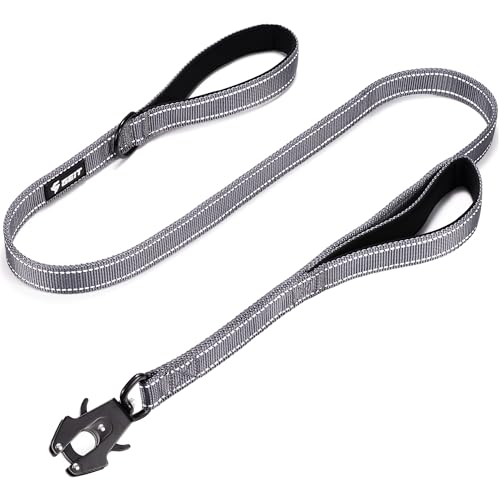 GEIT 4/5/6FT Heavy Duty Dog Leash with 2 Comfortable Padded Handles, Reflective Rope Leashes with Quick Release/Locking Tactical Frog Clip for Small Medium and Large Dogs, Grey - color: Grey, size: 5 FT