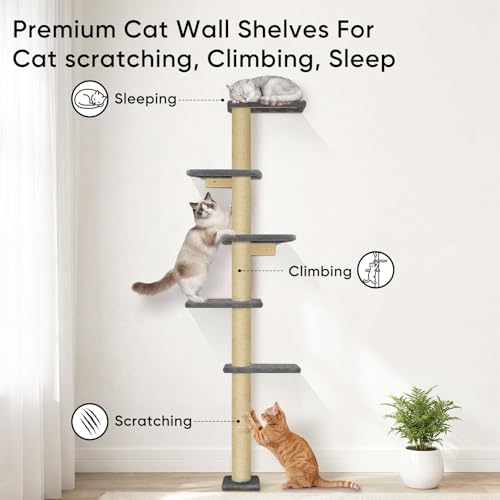 80" Floor to Ceiling Cat Tower, 5-Tier Wall-Mounted Cat Tree with Sisal Scratching Posts, Space-Saving Vertical Cat Furniture for Climbing & Lounging, Indoor Cat Playground, Dark Grey