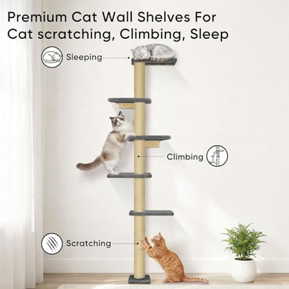 80" Floor to Ceiling Cat Tower, 5-Tier Wall-Mounted Cat Tree with Sisal Scratching Posts, Space-Saving Vertical Cat Furniture for Climbing & Lounging, Indoor Cat Playground, Dark Grey
