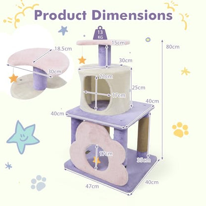 PETSITE 31.5-inch Cute Cat Tree, Multi-Level Small Cat Tree with Scratching Posts, Condo, Star-Shaped Dangling Toys, and Top Perch, Star, Moon & Cloud Elements Mixed, Ideal for Indoor Cats (Purple) - color: Purple