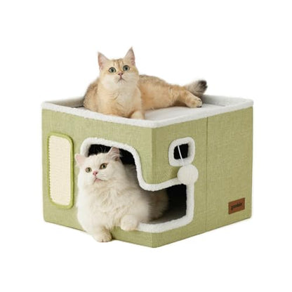 ZOMISIA Cat Beds for Indoor Cats - Large Cat House for Pet with Fluffy Ball Hanging and Scratch Pad, Foldable Cat Hideaway,16.5x16.5x13 inches, Green