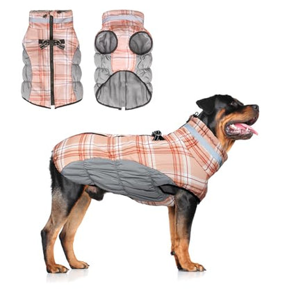 BEAUTYZOO Dog Winter Coat with Harness Built in, Reflective Plaid Puffer Vest Waterproof for Large Dogs, Fleece Warm Puppy Zipped Jacket with D Ring, Pet Cold Weather Sweater Clothes, Brown L - color: Brown, size: Large