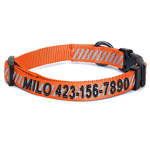 Pawtitas Reflective Dog Collar Reflective Thread Reflective Dog Collar Personalized Name Phone Number Adjustable Collar for Small Dogs Extra Small Puppy Orange Dog Collar Extra Small Breeds - color: Customized Orange, size: X-Small (Pack of 1)
